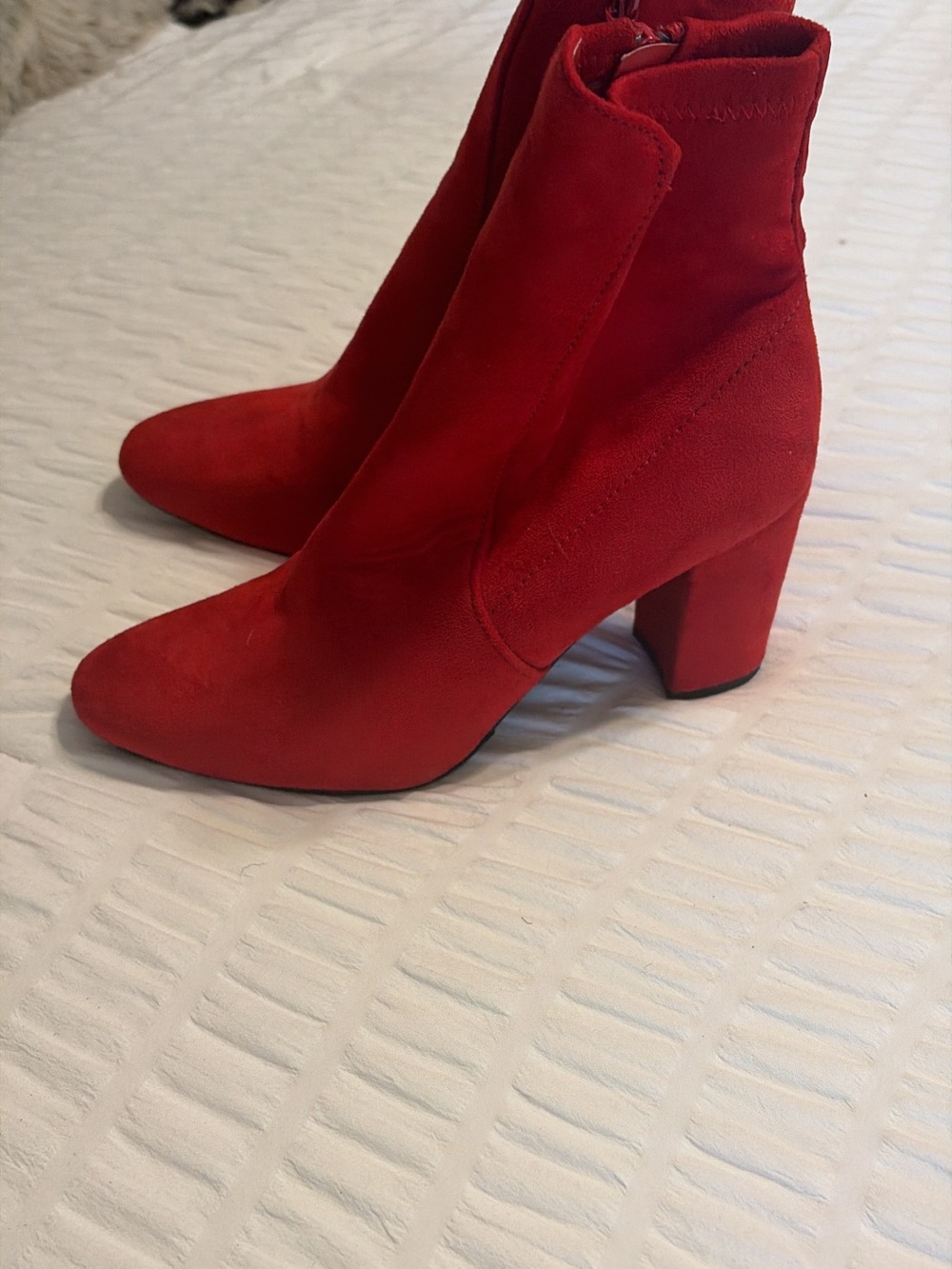 Red Suede Block Heel Ankle Boots - Women